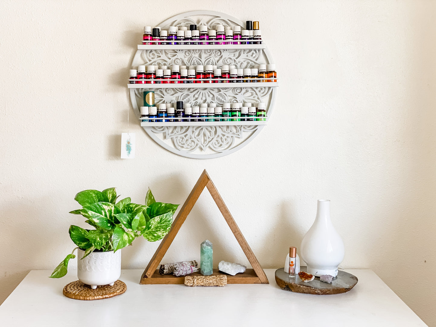 Coastfully Yours Mandala Essential Oil Shelf WHITE, Crystal Shelf, Spice Rack, Boho Wall Decor